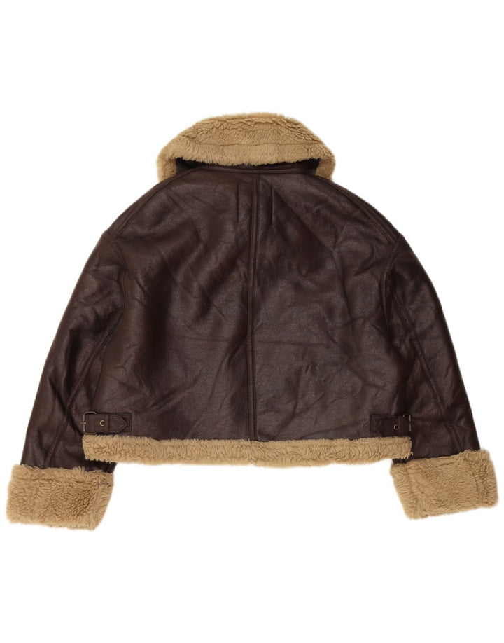 Übergroße Sherpa-Jacke aus Kunstleder von Zara, UK 14, Mittelbraun
