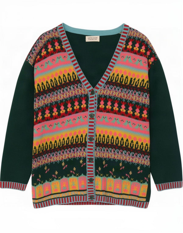 Benetton Damen-Strickjacke in Übergröße, Gr. 10, Größe S, grün, Fair-Isle-Wolle