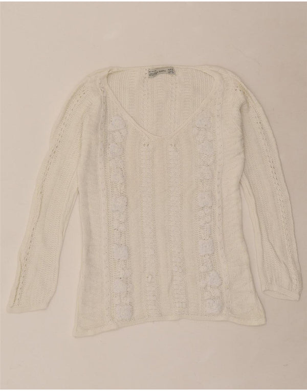 Zara Damen-Pullover mit V-Ausschnitt, Gr. 12, mittelgrau, aus Baumwolle mit Blumenmuster