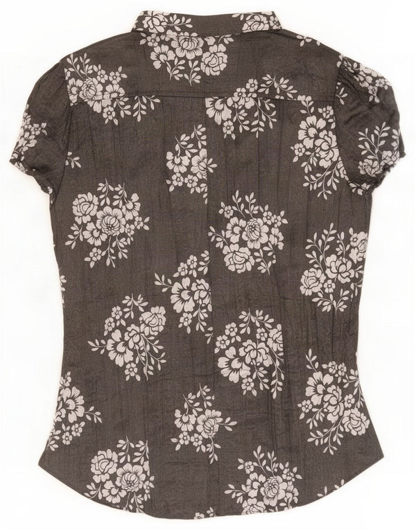 Vintage Womens Short Sleeve Shirt Blouse UK 10 Small Grey Floral Polyester