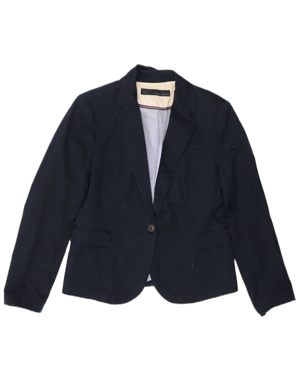 Zara Damen 1-Knopf-Blazerjacke UK 18 XL Marineblaue Baumwolle