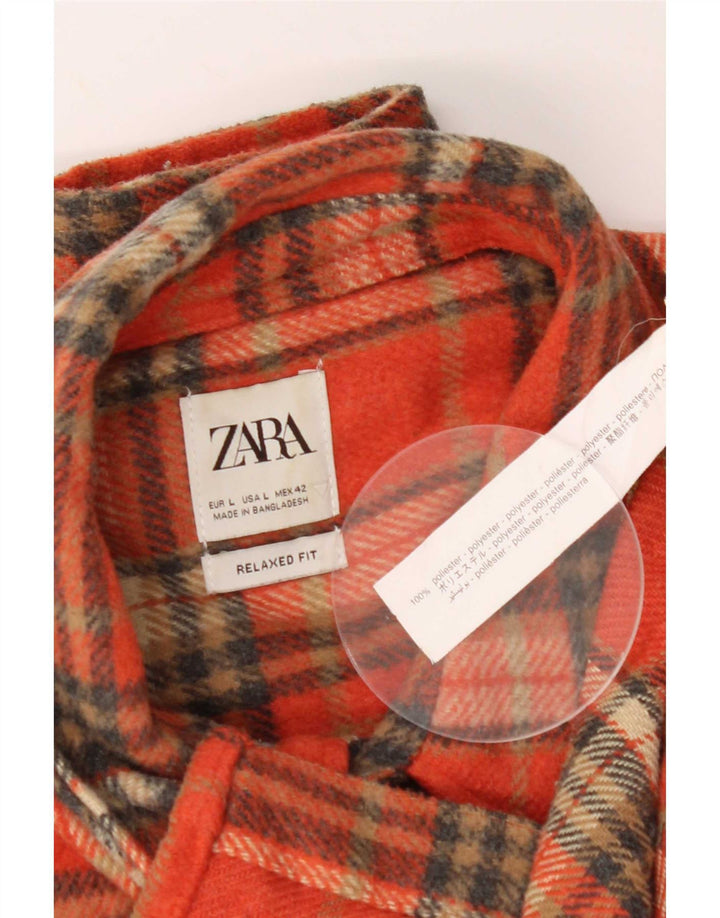 Zara Herren-Flanellhemd mit entspannter Passform, großes orangefarbenes Karomuster, Polyester