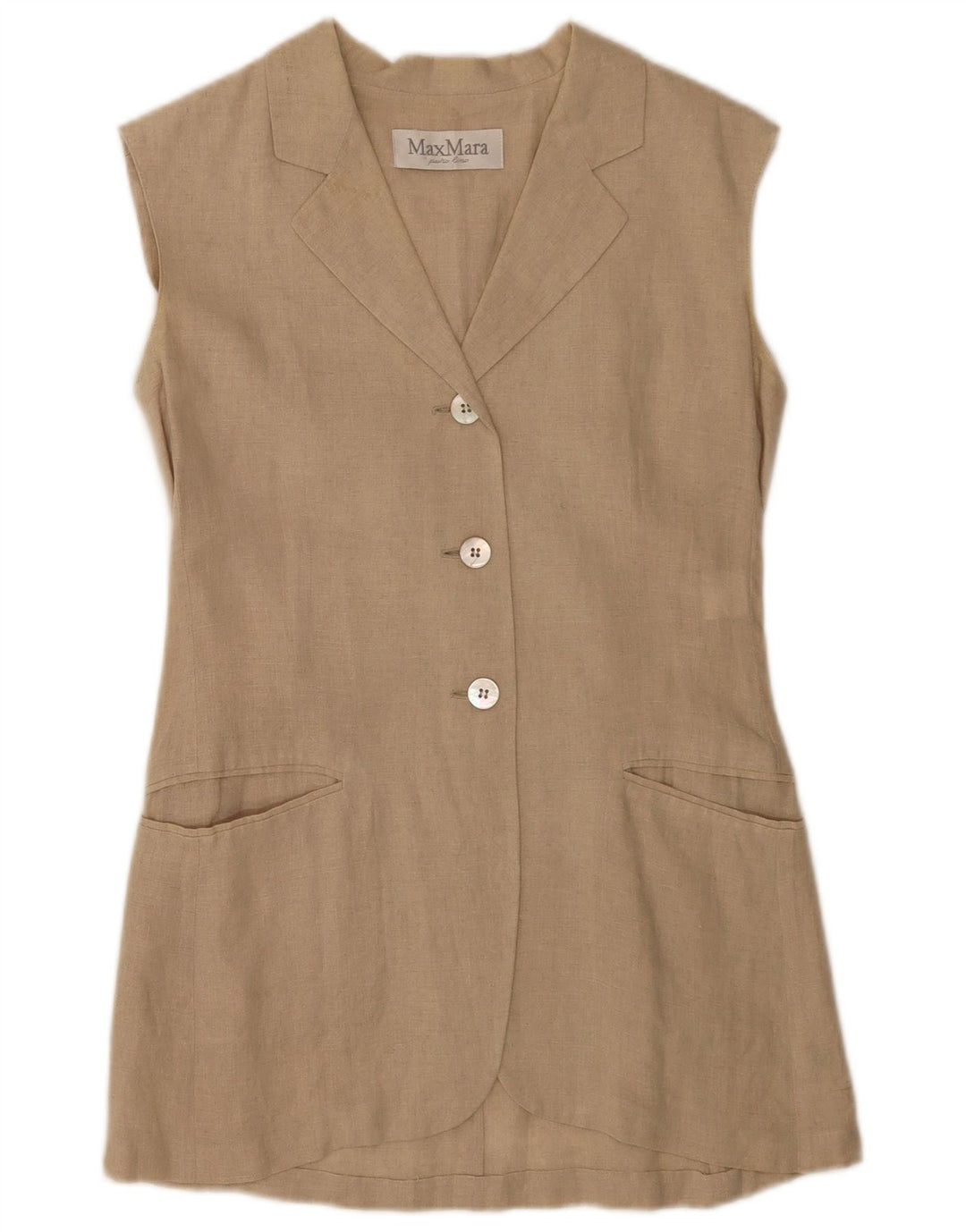 Max Mara Damen-Blazer mit 3 Knöpfen, ärmellos, Gr. 10, Größe S, Beige, Leinen