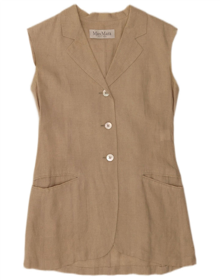 Max Mara Damen-Blazer mit 3 Knöpfen, ärmellos, Gr. 10, Größe S, Beige, Leinen