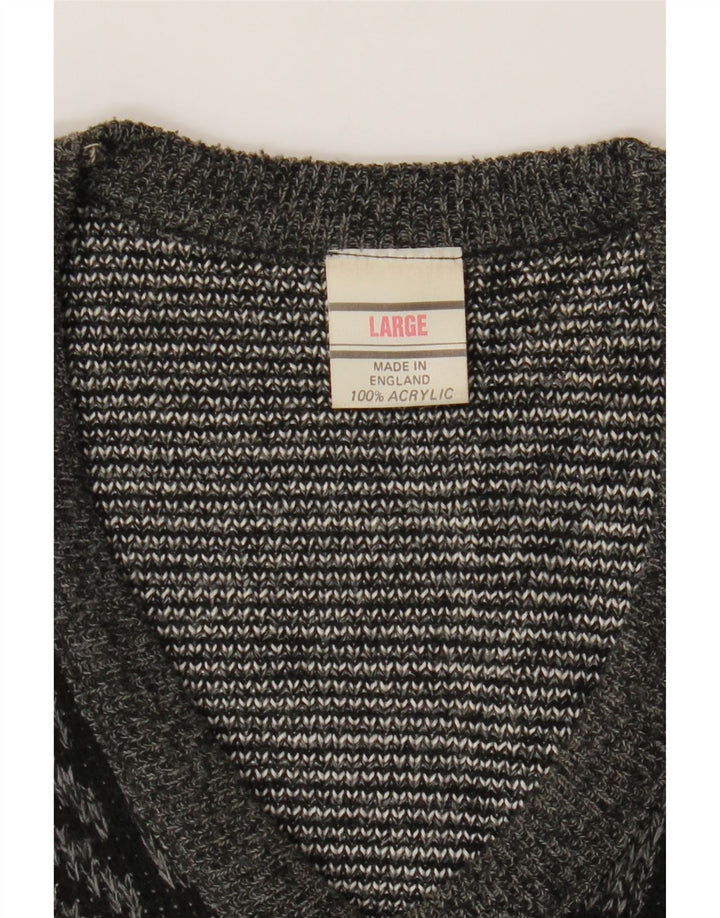 VINTAGE Mens V-Neck Jumper Sweater Large Grey Geometric Acrylic Vintage Vintage and Second-Hand Vintage from Messina Hembry 