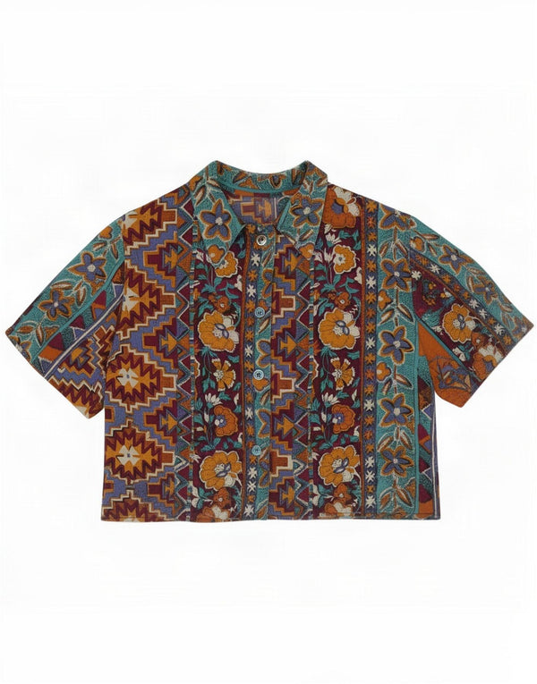 Vintage Womens Crop Shirt Bluse UK 14 Medium Mehrfarbig Blumen