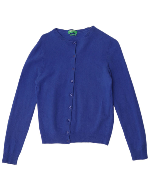 Benetton Damen Crop Cardigan Pullover UK 12 Mittelblaue Schurwolle