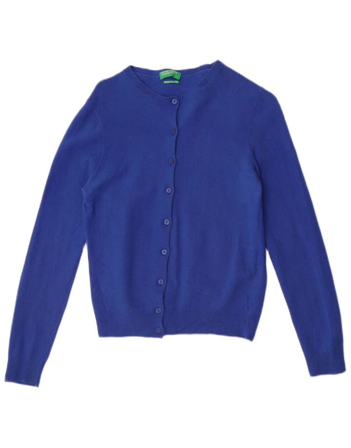 Benetton Damen Crop Cardigan Pullover UK 12 Mittelblaue Schurwolle