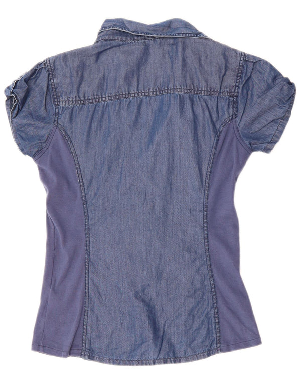GUESS Damen Kurzarm-Jeanshemdbluse UK 12 Medium Navy Blue Tencel
