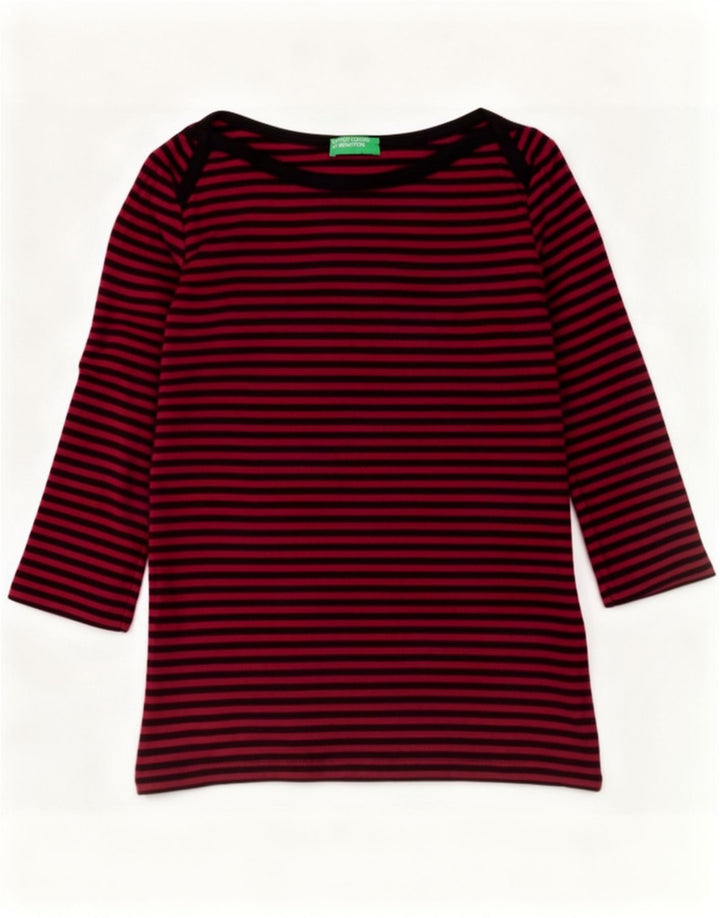 Benetton Damen-Top, 3/4-Ärmel, UK-Größe 12, mittelrot, gestreift, Baumwolle