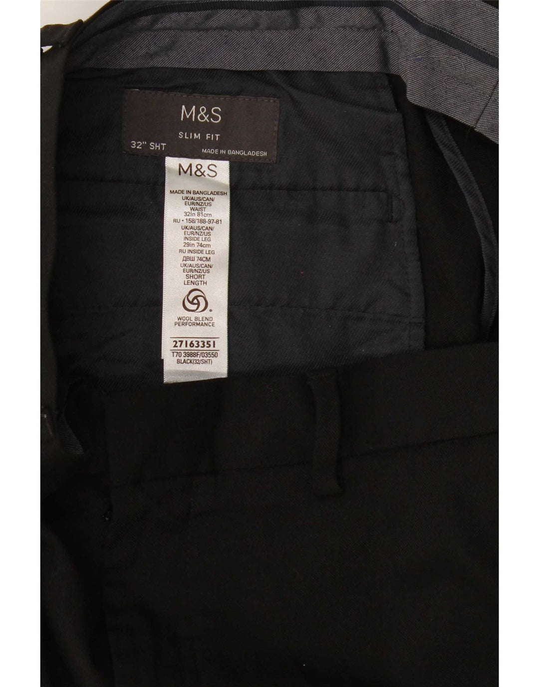 Marks & Spencer Herren-Anzughose in schmaler Passform, W32, L29, schwarze Wolle