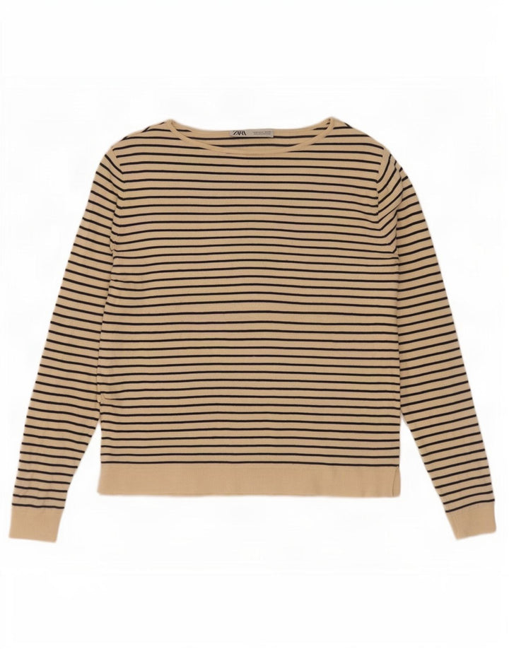 Zara Damen Übergroßes Top Langarm UK 10 Small Beige Gestreift Nautisch