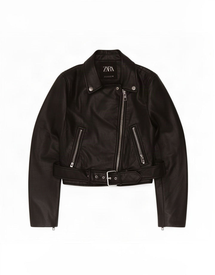 Zara Damen Crop Kunstleder Bikerjacke UK 10 Small Schwarz Polyester