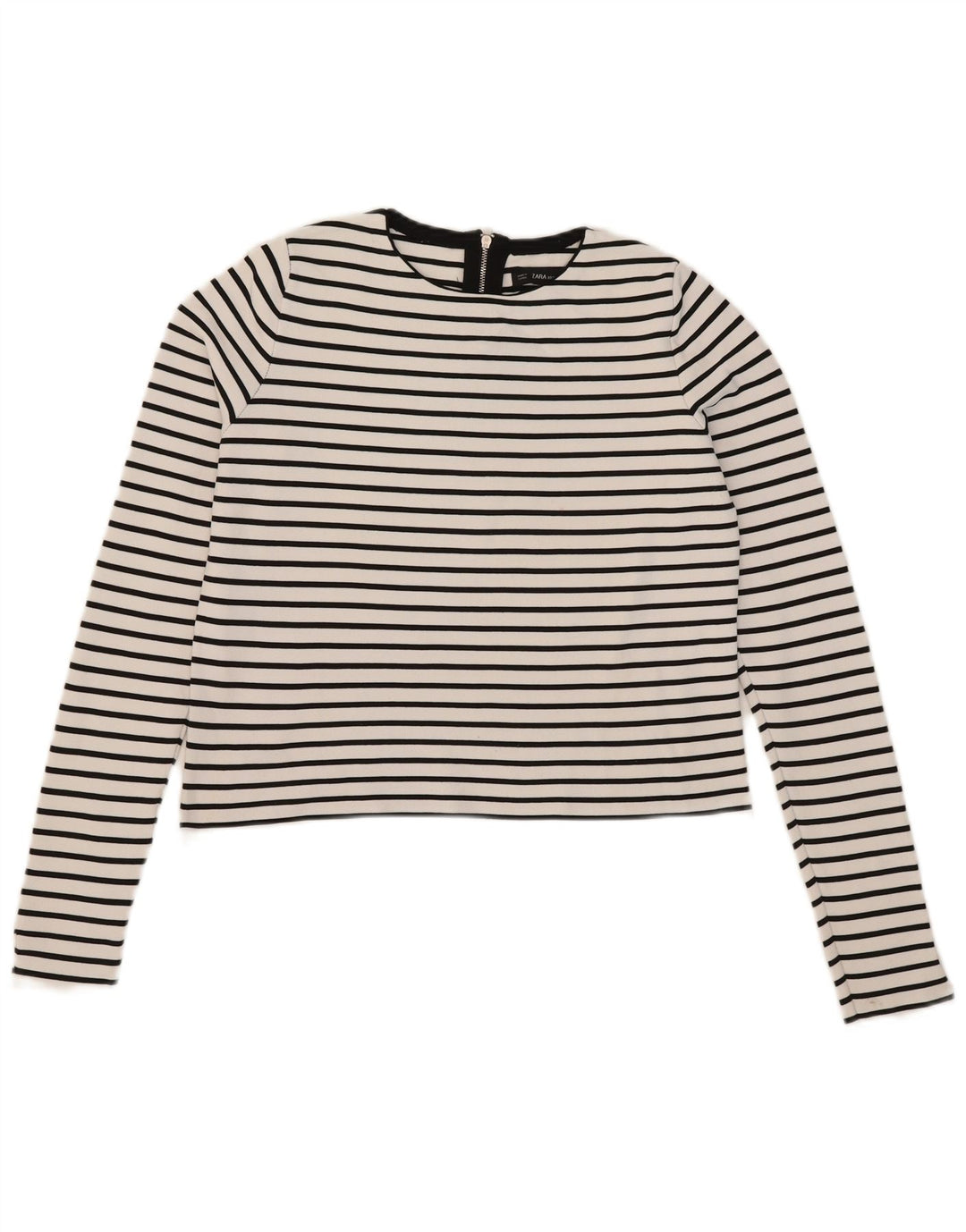 Zara Damen Crop Top Langarm UK 12 Mittelweiß gestreift