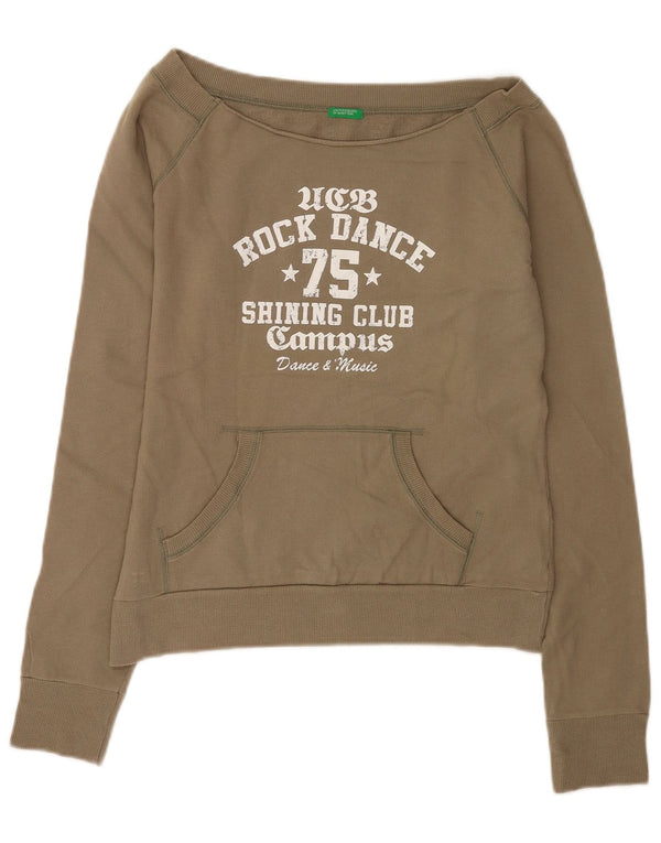 Benetton Womens Crop Graphic Sweatshirt Pullover UK 16 Large Khaki Baumwolle