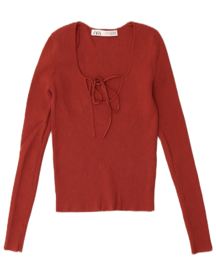 Zara Damen Crop Top Langarm UK 8 Small Rote Viskose