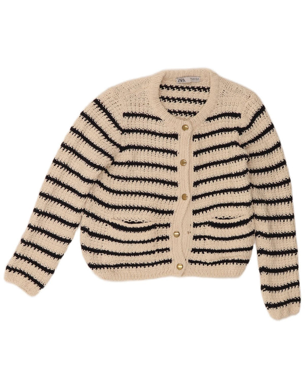 Zara Damen Crop Cardigan Pullover UK 14 Medium Off White Gestreifte Baumwolle