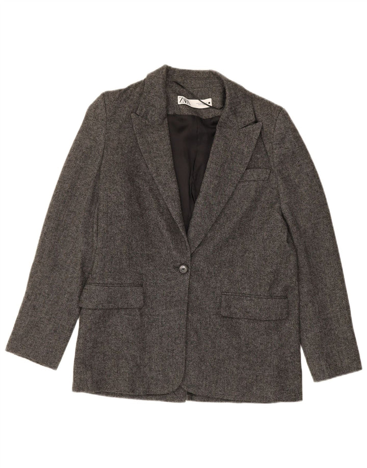 ZARA Womens 1 Button Blazer Jacket UK 6 XS Grey Herringbone Wool
