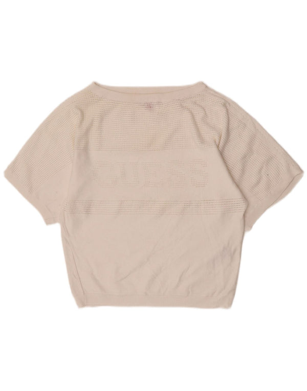 Guess Damen-Pullover mit Grafik, kurzärmelig, U-Boot-Ausschnitt, Gr. 6, XS, Weiß