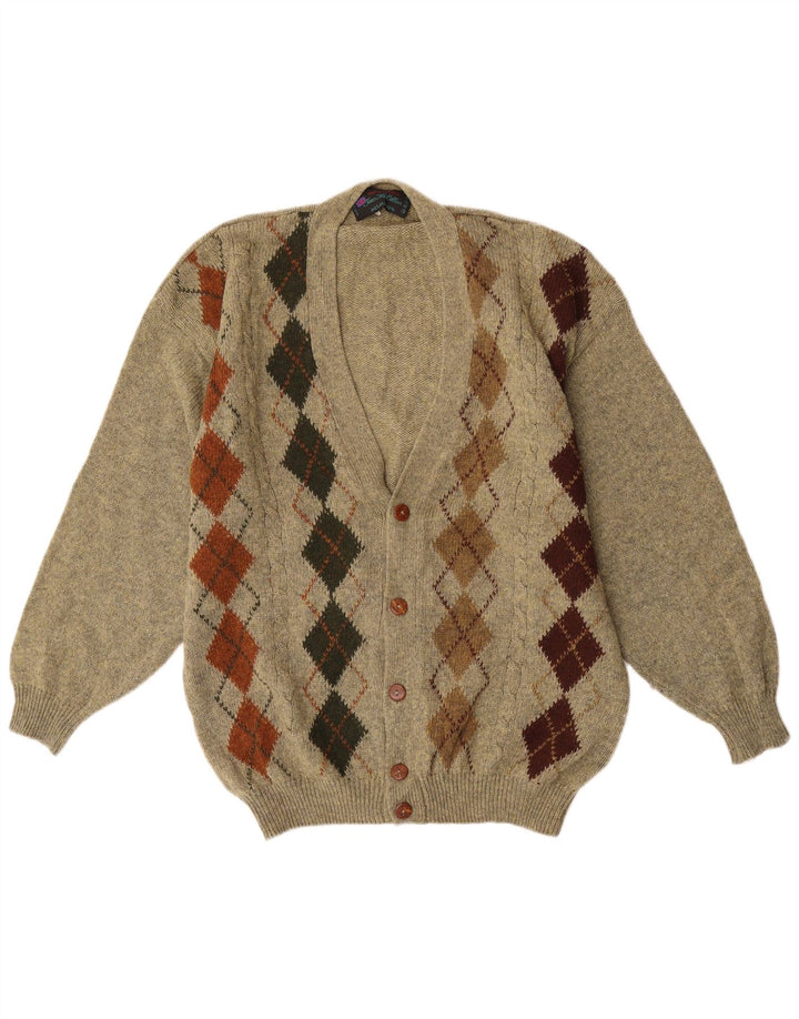 Vintage Herren Cardigan Pullover XL Khaki Argyle/Diamond Wool