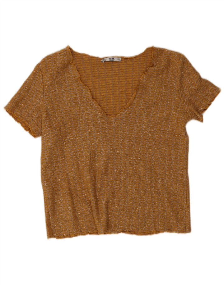 Zara Damen Crop Bluse Top UK 10 Small Gelb meliert Polyester
