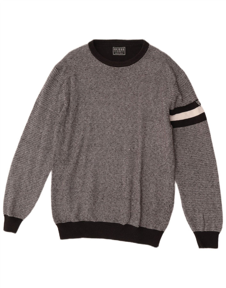Guess Herren-Pullover mit Rundhalsausschnitt, mittelschwarz, gestreift, Baumwolle