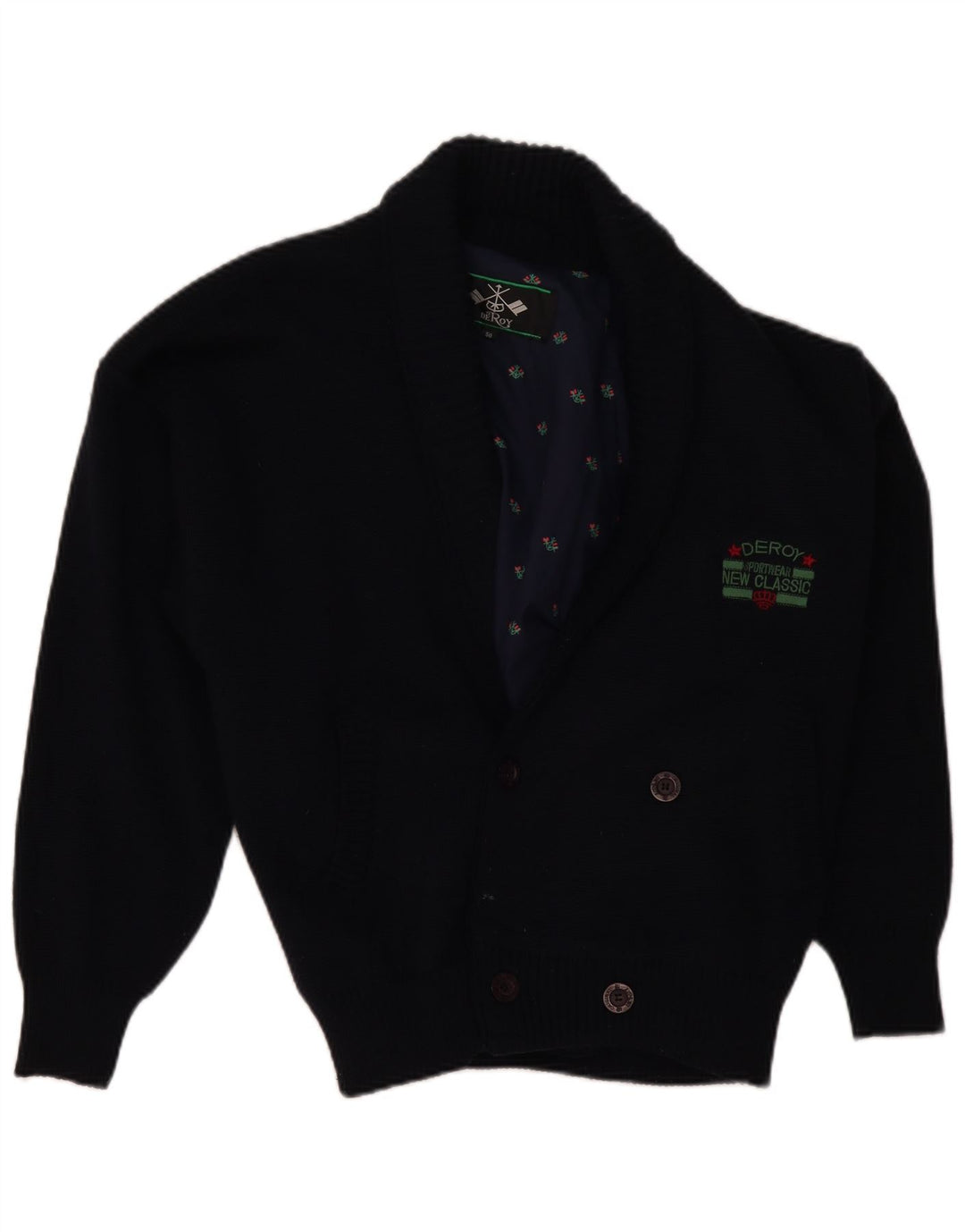 VINTAGE Herren-Cardigan-Pullover IT 50 Mittelmarineblaue Wolle