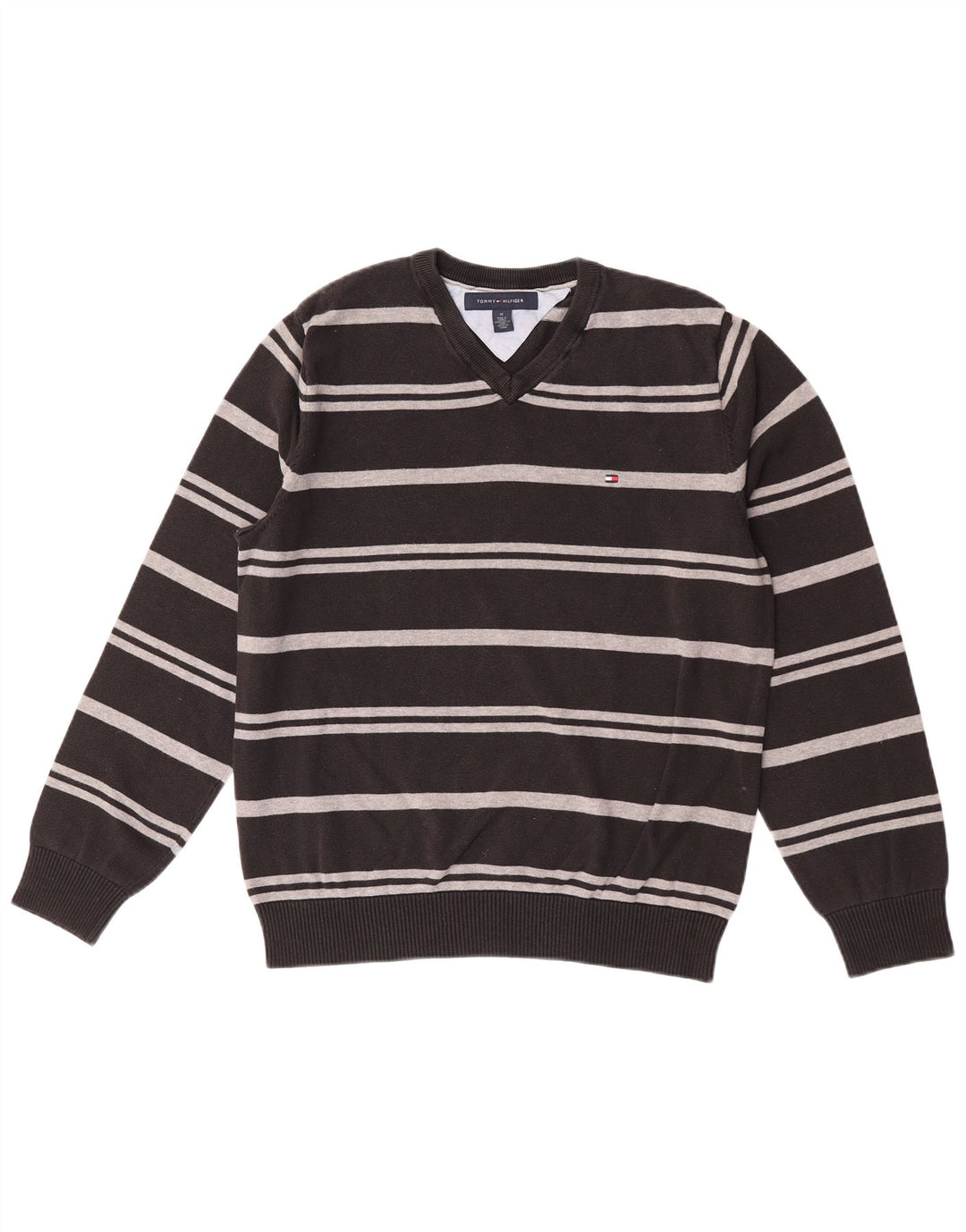 Tommy Hilfiger Herren-Pullover mit V-Ausschnitt, mittelschwarz, gestreift, Baumwolle