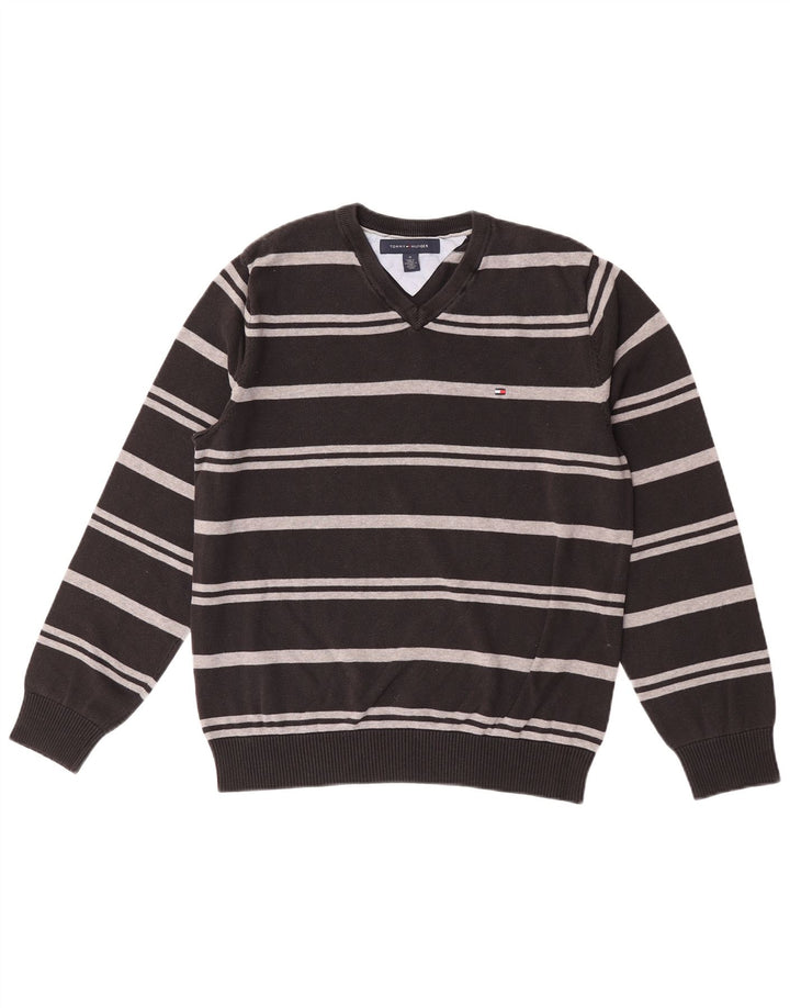 Tommy Hilfiger Herren-Pullover mit V-Ausschnitt, mittelschwarz, gestreift, Baumwolle