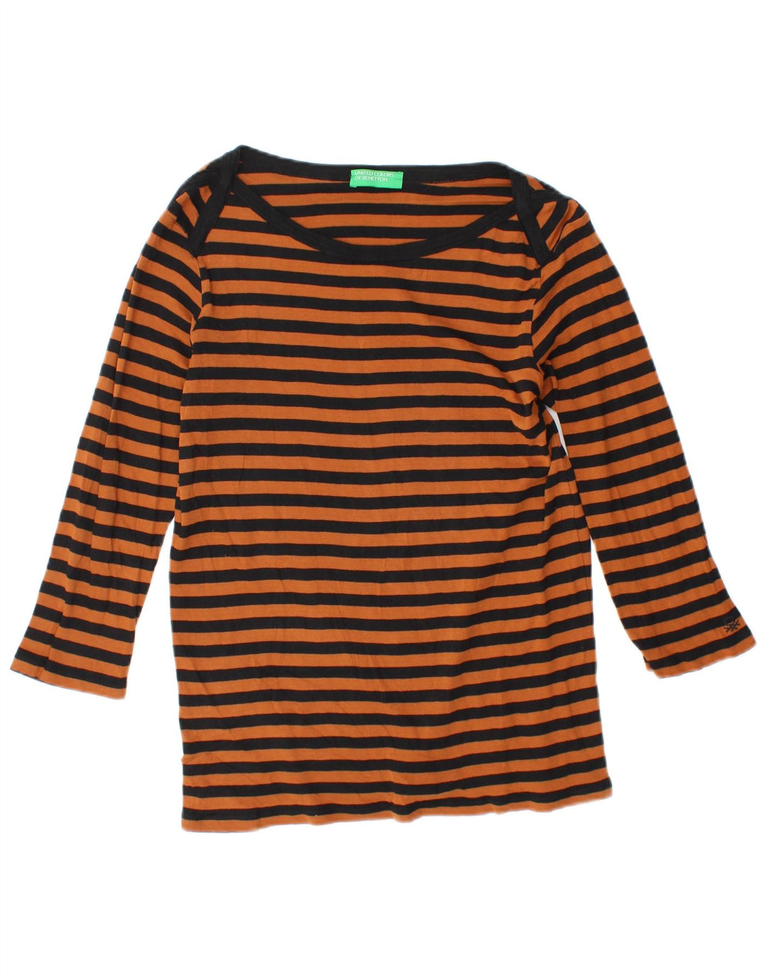 BENETTON Damen-Top mit 3/4-Ärmeln, UK-Größe 12, mittelorange gestreift