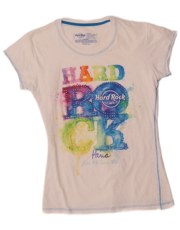 Hard Rock Cafe Damen Paris Graphic T-Shirt Top UK 12 Mittelweiße Baumwolle