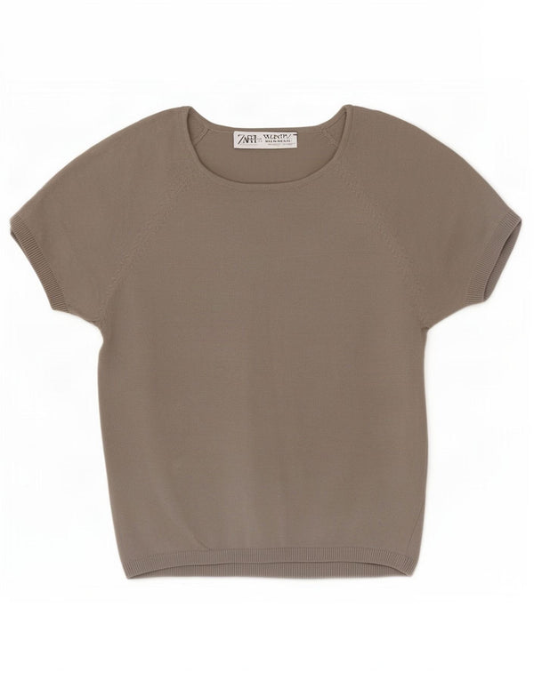 Zara Damen Crop Bluse Top UK 14 Große graue Viskose