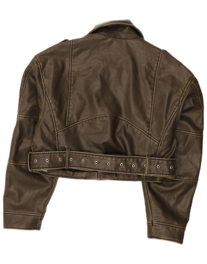 Zara Damen Crop Kunstleder Bikerjacke UK 14 Mittelgrünes Polyester