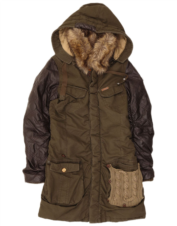 KHUJO Damen-Parkajacke mit Kapuze, UK 14, Größe L, Khaki, Farbblock-Polyester