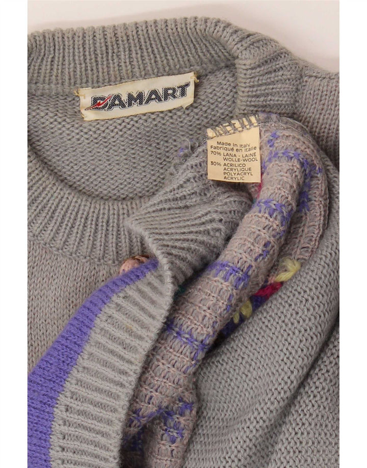 Damart Damen-Pullover mit grafischem Rundhalsausschnitt, UK 14, Größe L, graue Wolle