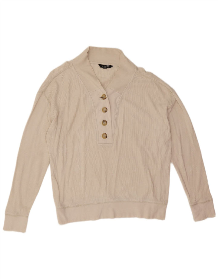 Ralph Lauren Damen-Sweatshirt mit Knopfkragen, UK 14, mittelweiße Baumwolle