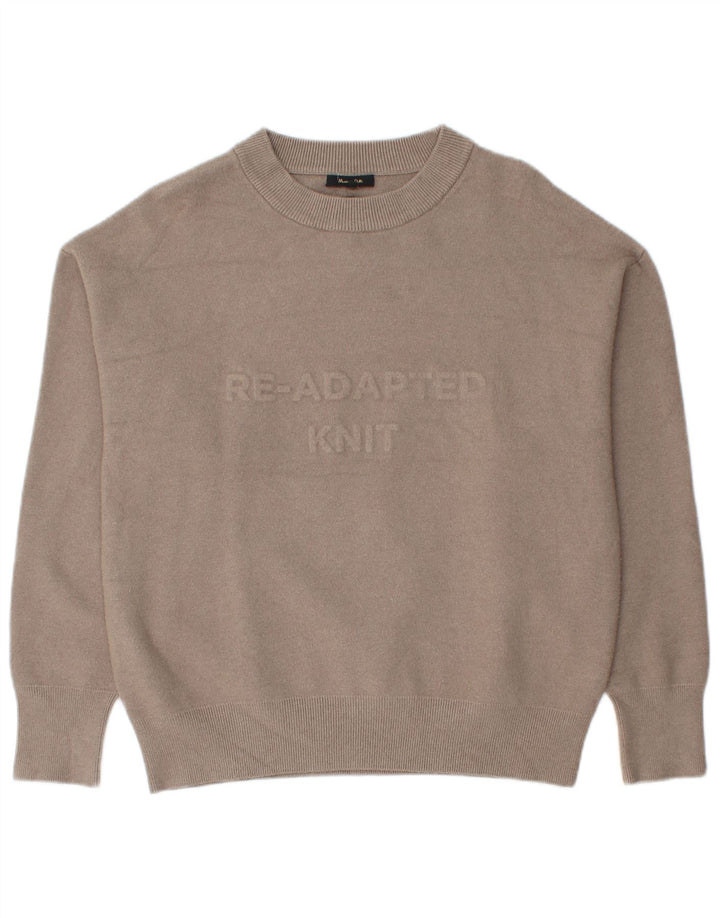 Massimo Dutti Damen Pullover mit grafischem Rundhalsausschnitt, UK 14, Mittelbeige