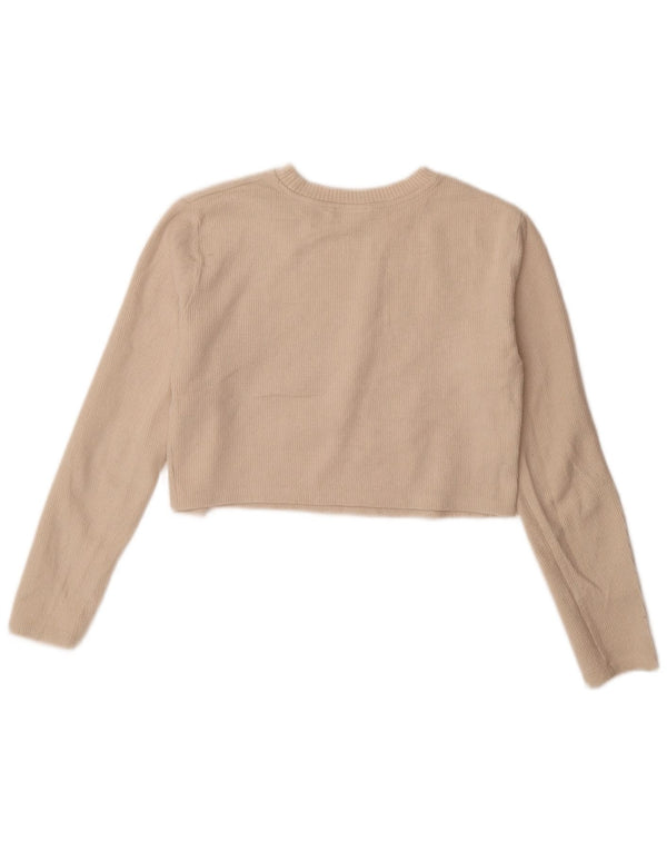 Zara Damen Crop Top Langarm UK 10 Small Beige Baumwolle