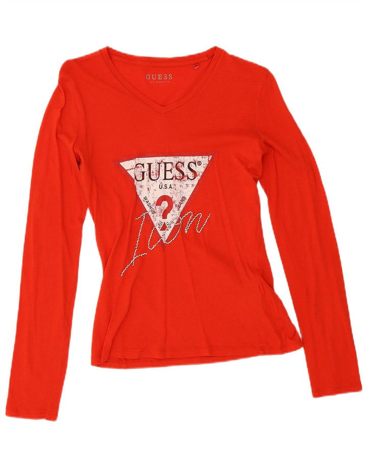 Guess Damen-Top mit Grafik, langärmlig, UK 10, Größe S, Rot, Baumwolle