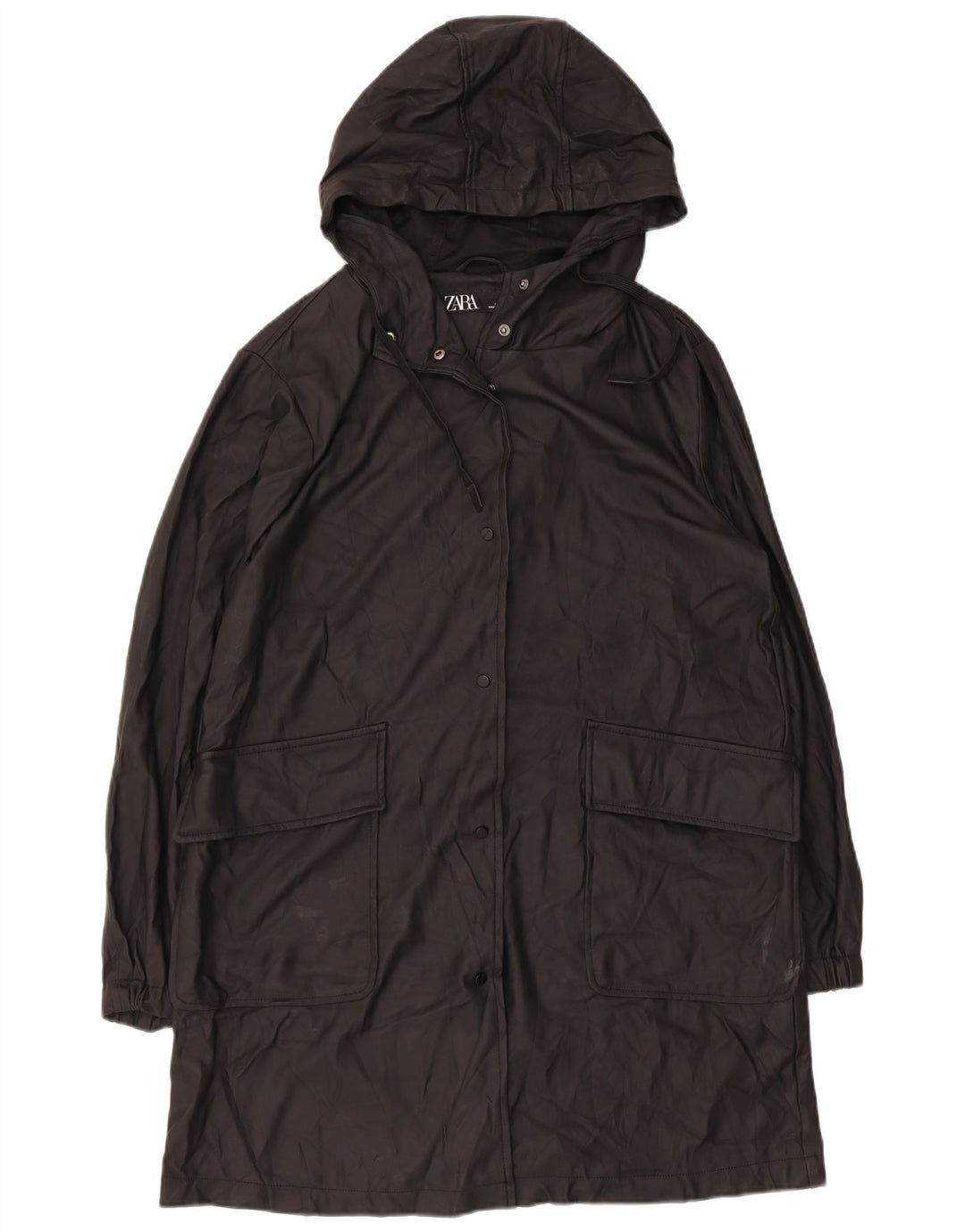 Zara Damen Regenmantel mit Kapuze UK 14 Medium Schwarz