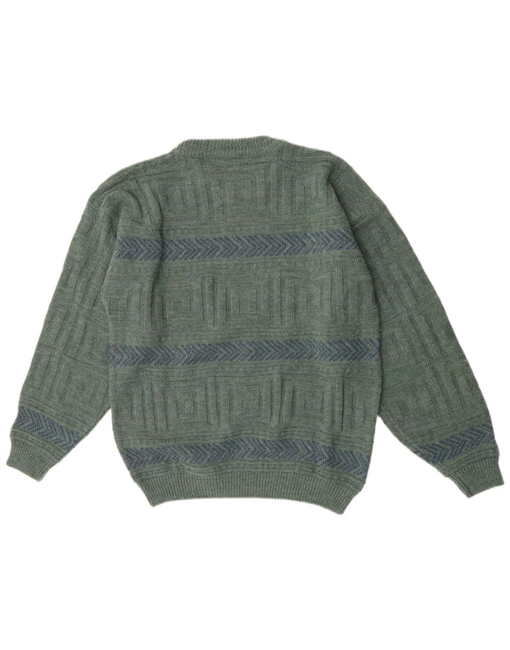 Claude De Pierre Herren-Pullover mit Rundhalsausschnitt, mittelgrüne geometrische Wolle