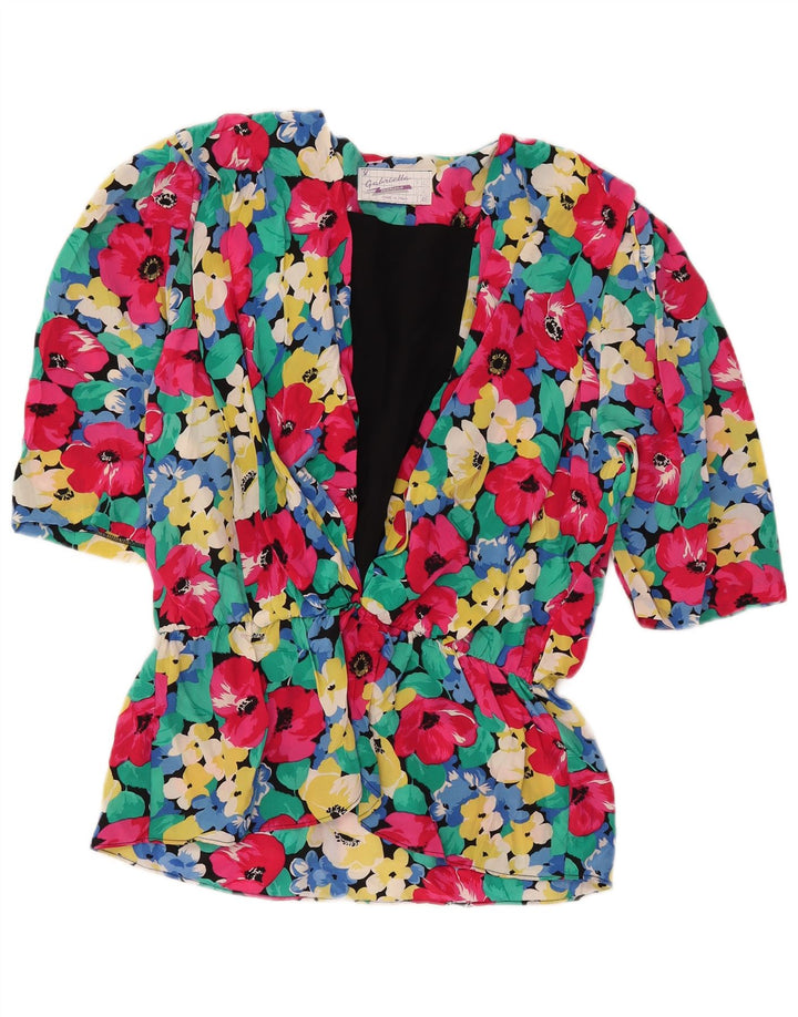 Vintage Damen 3/4 Ärmel Bluse Top IT 46 Großes Mehrfarbiges Blumenmuster