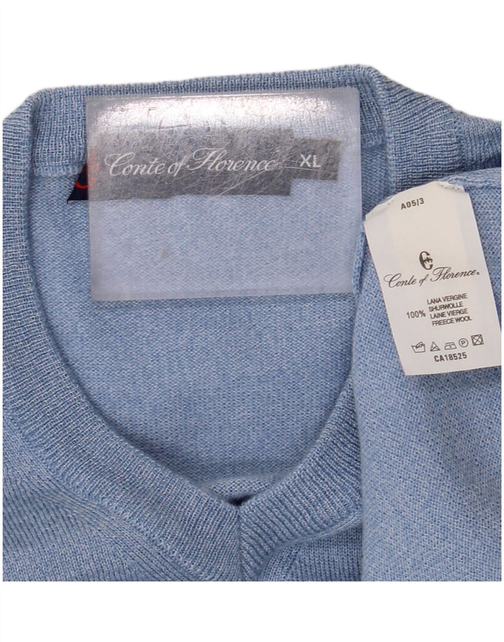 CONTE OF FLORENCE Herren-Pullover mit V-Ausschnitt, XL, blaue Schurwolle