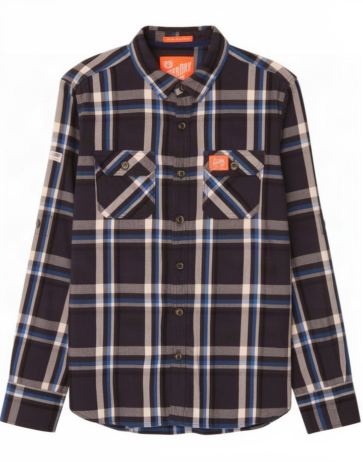 Superdry Herren-Flanellhemd, mittelblau, kariert, Baumwolle