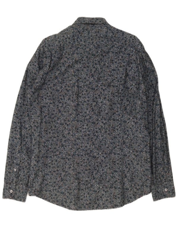 Benetton Herrenhemd XL Marineblau mit Blumenmuster aus Baumwolle