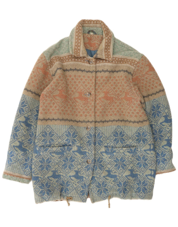 VINTAGE Damen Loose Fit Windjacke Mantel UK 16 Large Blue Fair Isle