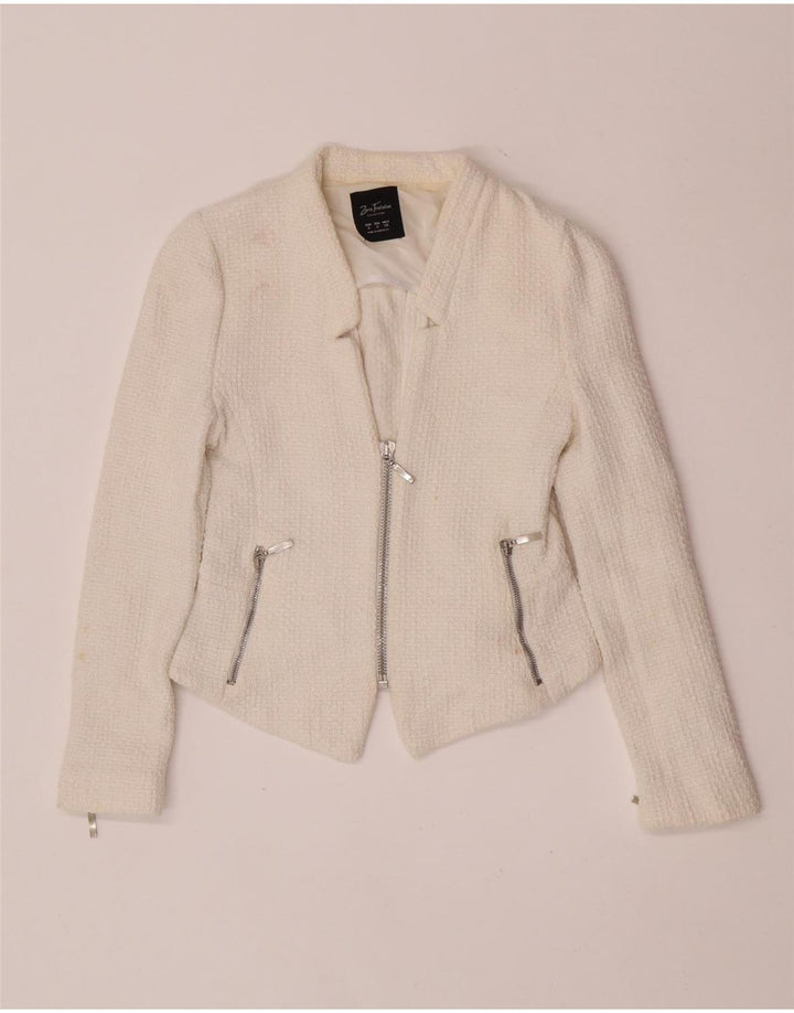 Zara Damen Crop Blazer Jacke UK 8 Small Weiße Baumwolle