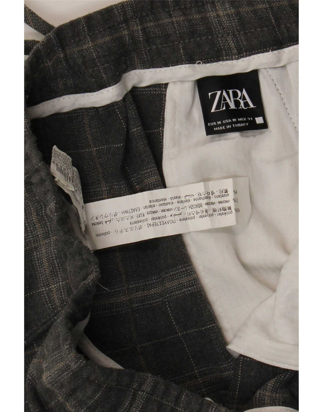 Zara Herren Tapered Chino Hose Medium W31 L27 Grau kariertes Polyester