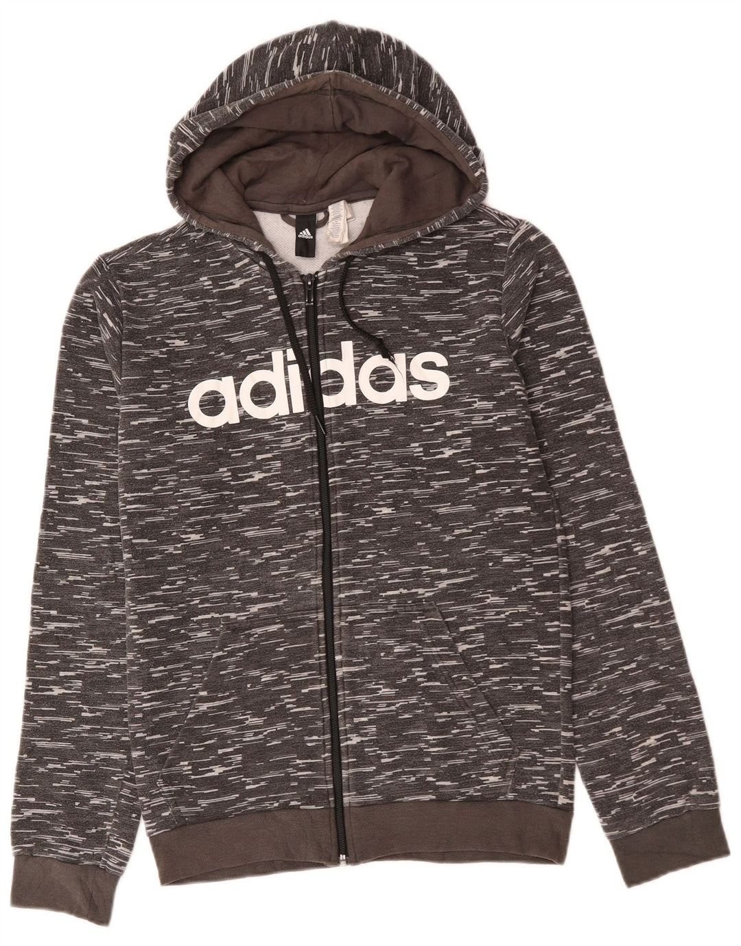 ADIDAS Herren-Kapuzenpullover mit grafischem Reißverschluss, mittelgrau gefleckte Baumwolle