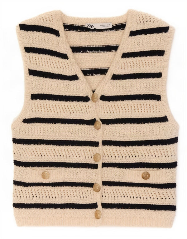 Zara Damen Strickweste UK 10 Small Beige Gestreifte Baumwolle